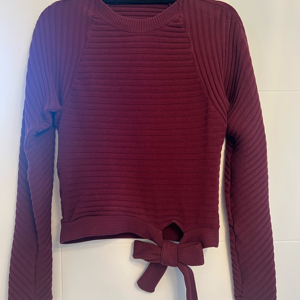Women's Ribbed Burgundy Top with Tie Detail